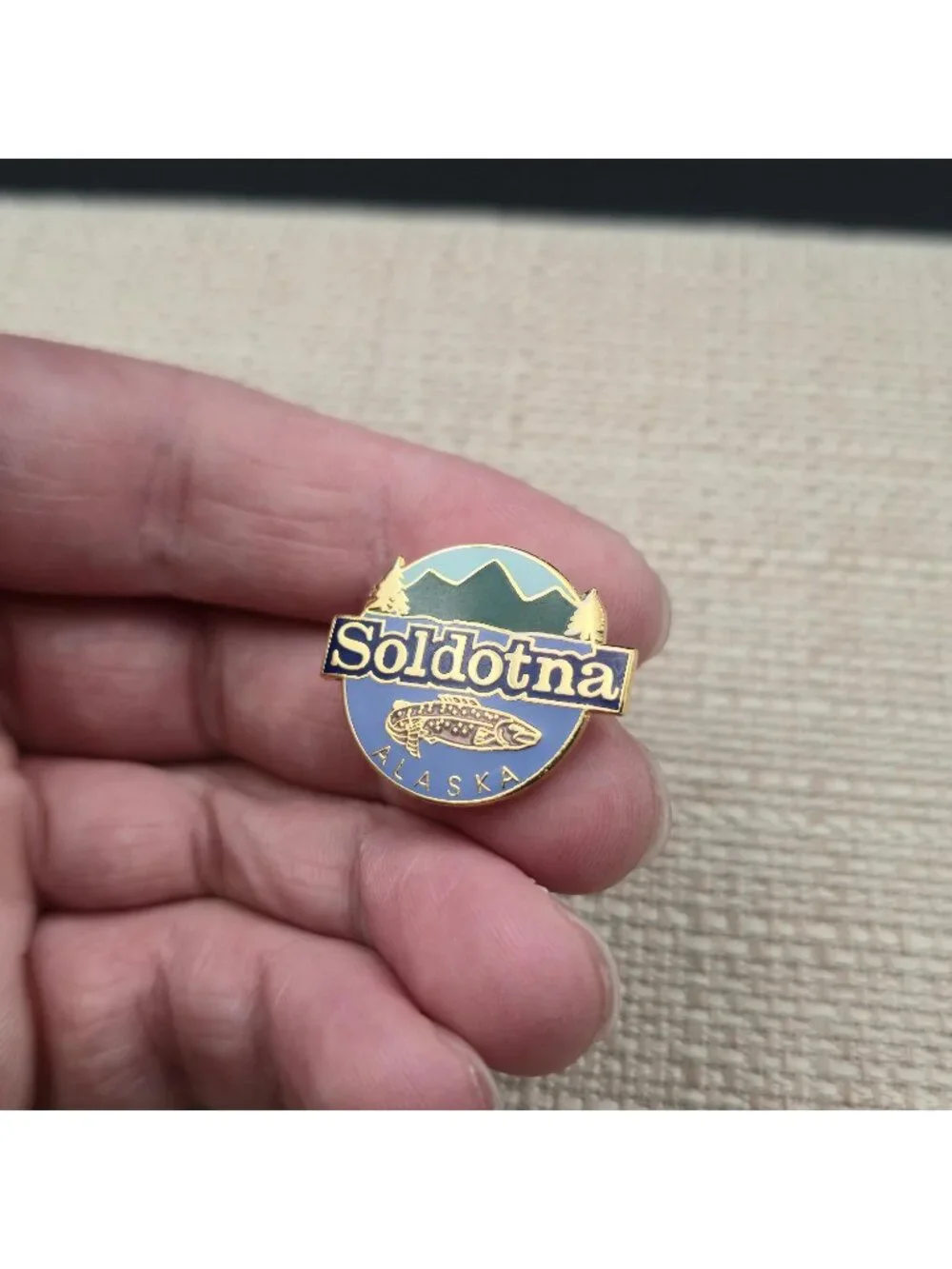Soldotna Alaska Souvenir - Vintage Enamel Fishing & Mountain Lapel Pin A7384 - Picture 3 of 6